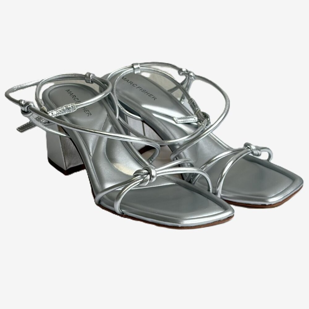 NWT Marc Fisher Gurion Silver Block Heel Sandals 9.5 Metallic Ankle Strap Party - Picture 5 of 13
